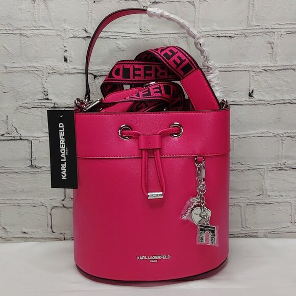 KARL LAGERFELD PARIS 'ADELE' BUCKET STYLE HANDBAG W/ LOGO WEBBING STRAP - Picture 6 of 16